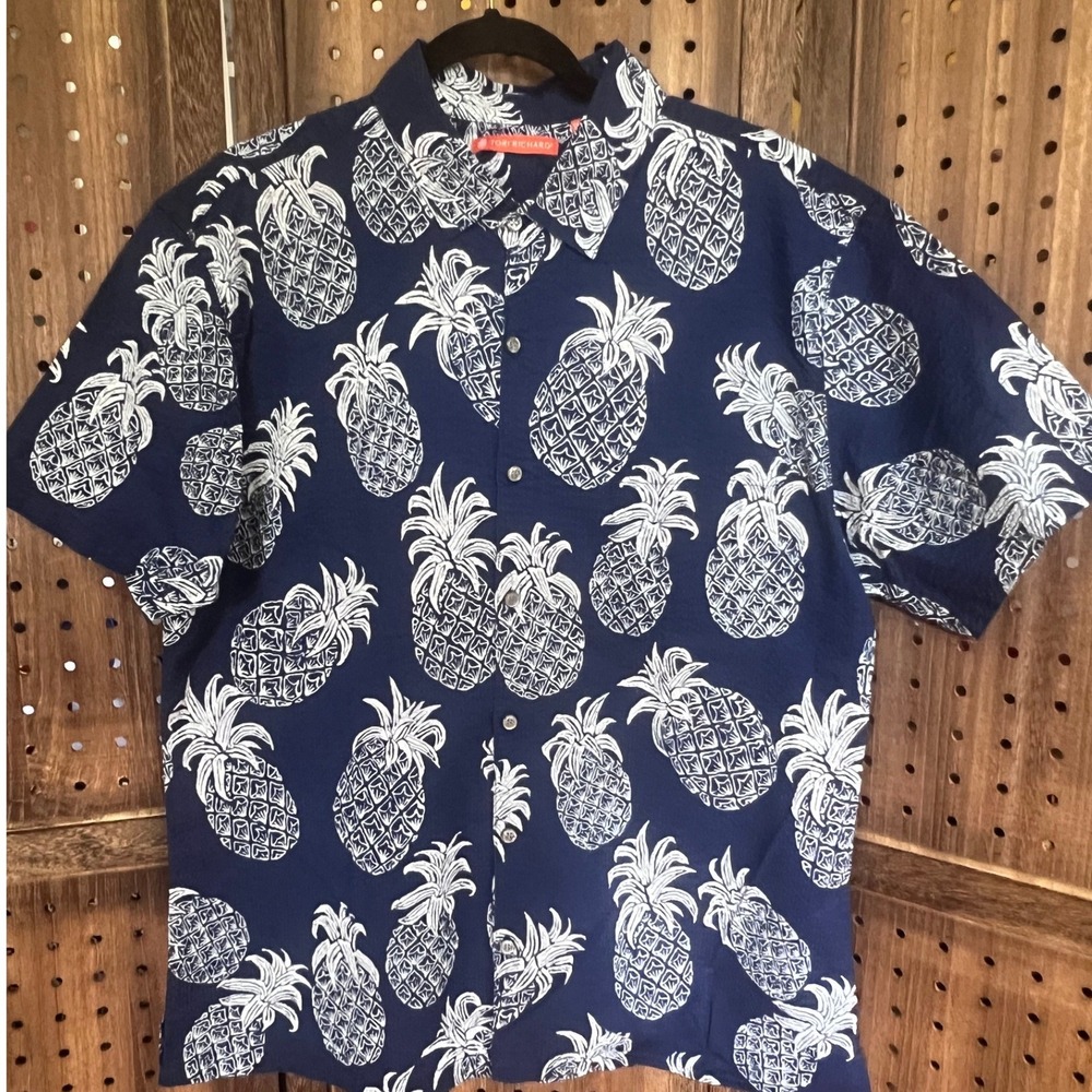 Tori Richard Seersucker Blue White Pineapple Print Button Down Shirt Mens XL